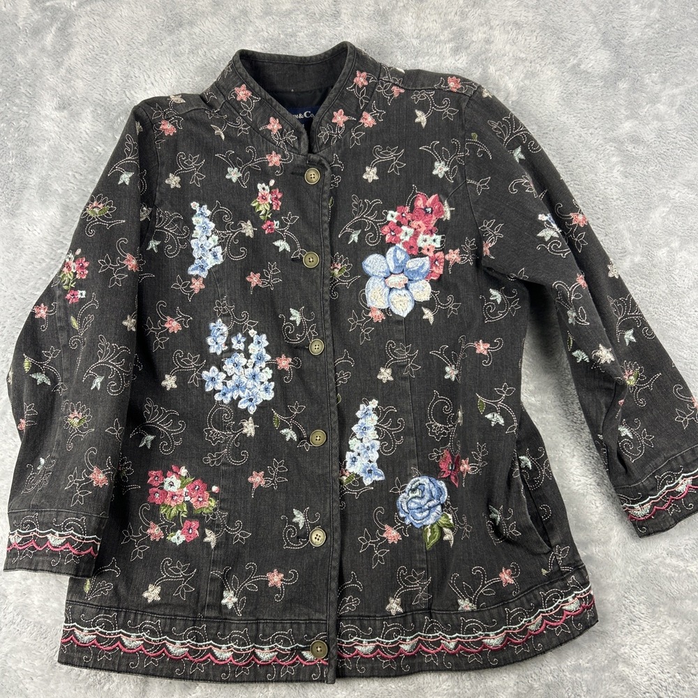 Denim & Co Womens‎ Large Jacket Embroidered Black Denim Full Button Pockets